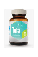Tulsi dietary supplement bottle featuring 90 capsules, known for promoting respiratory and immune system health.