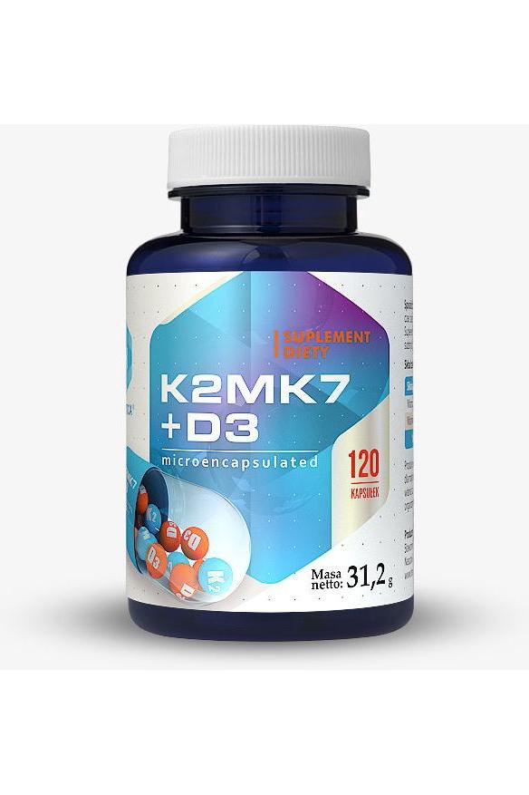 Hepatica Vitamin K2MK7+D3 supplement bottle with 120 capsules, supporting calcium, phosphorus absorption and healthy bones.