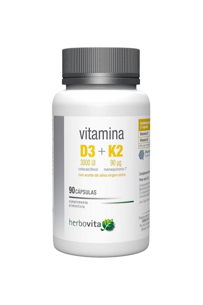 Herbovita D3 + K2 vitamin supplement bottle, 90 capsules for bone and tooth health.