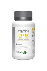 Herbovita D3 + K2 vitamin supplement bottle, 90 capsules for bone and tooth health.