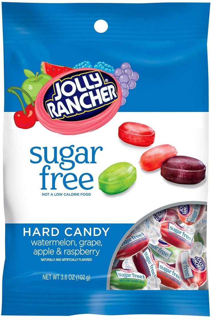 Jolly Rancher Hard Candy Zero Sugar pack featuring watermelon, grape, apple, and raspberry flavors, 102g.