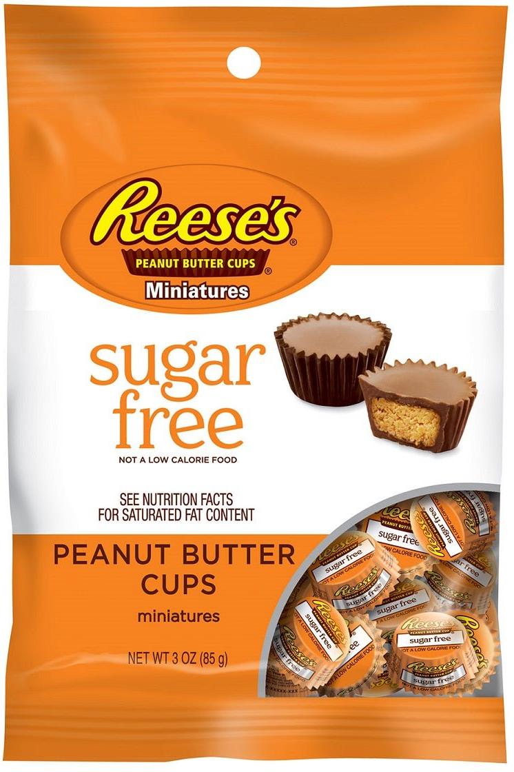 Reese's Peanut Butter Cups miniatures sugar-free packaging with pieces displayed, 85g.