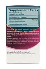 Himalaya Arjuna Heart Wellness supplement facts label with ingredients, dosage, and health benefits information.