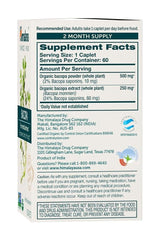 Himalaya Bacopa supplement facts box showing ingredients and serving suggestions for mental clarity support.