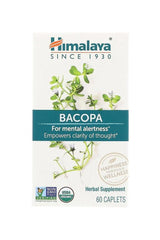 Himalaya Bacopa 60 caplets packaging for mental alertness and clarity, USDA organic herbal supplement.