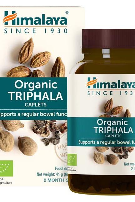 Himalaya Organic Triphala caplets packaging, promoting digestive health and regular bowel function.