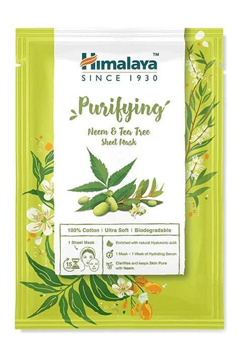 Himalaya Purifying Neem & Tea Tree Sheet Mask packaging, 100% cotton, ultra-soft, hydrating serum, biodegradable.