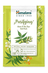 Himalaya Purifying Neem & Tea Tree Sheet Mask packaging, 100% cotton, ultra-soft, hydrating serum, biodegradable.