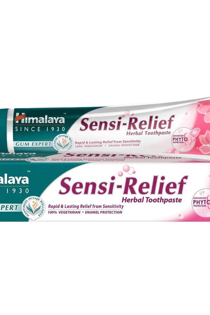 Himalaya Sensi-Relief Herbal Toothpaste tube promoting rapid relief from sensitivity, fluoride-free, 100% vegetarian.
