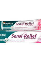 Himalaya Sensi-Relief Herbal Toothpaste tube promoting rapid relief from sensitivity, fluoride-free, 100% vegetarian.