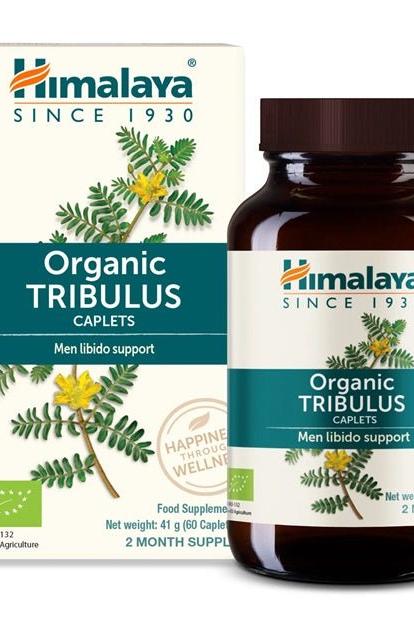 Himalaya Organic Tribulus caplets for men, supporting libido and vitality with gluten-free and vegan formula.