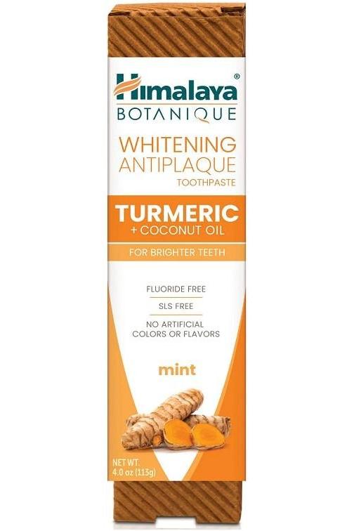 Himalaya Whitening Antiplaque Toothpaste with Turmeric and Coconut Oil in Mint flavor, 113g packaging.