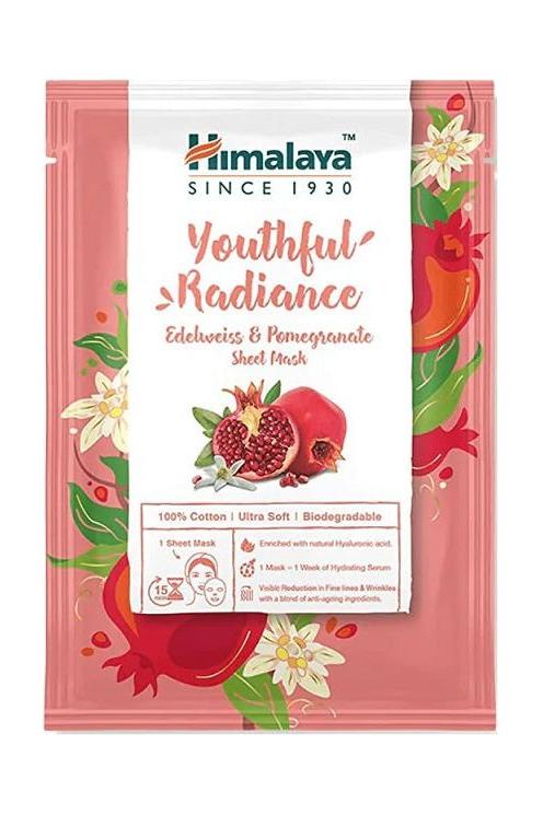Himalaya Youthful Radiance Edelweiss & Pomegranate Sheet Mask packaging with floral and pomegranate design.