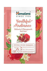 Himalaya Youthful Radiance Edelweiss & Pomegranate Sheet Mask packaging with floral and pomegranate design.