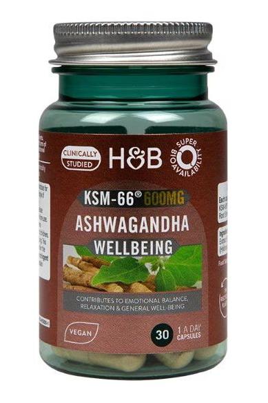 Holland & Barrett Ashwagandha 600mg KSM-66 in a bottle, promoting emotional balance and relaxation, suitable for vegans.