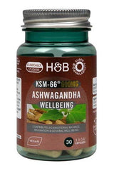 Holland & Barrett Ashwagandha 600mg KSM-66 in a bottle, promoting emotional balance and relaxation, suitable for vegans.
