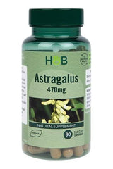 Holland & Barrett Astragalus 470mg natural vegan supplement bottle with 90 capsules.