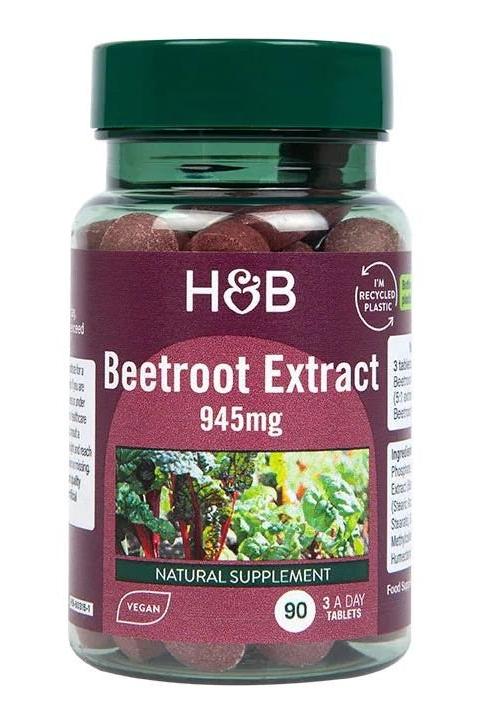 Holland & Barrett Beetroot Extract 945mg natural supplement in a recyclable plastic bottle.