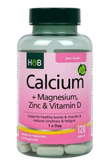 Holland & Barrett Calcium + Magnesium, Zinc & Vitamin D supplement bottle, 120 tablets for bone health.