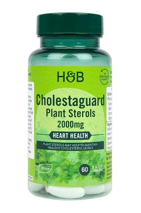 Holland & Barrett CholestaGuard Plant Sterols 2000mg bottle for heart health, vegan supplement, 60 capsules.