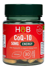 Holland & Barrett CoQ-10 50mg energy tablets, vegan formula, supports energy levels, 30 tablets in recyclable packaging.