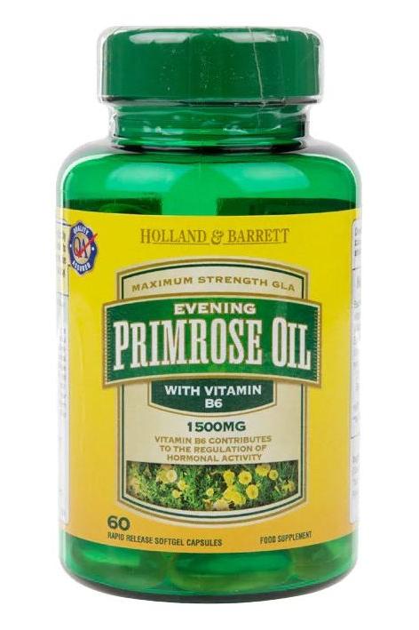 Holland & Barrett Evening Primrose Oil 1500mg with Vitamin B6, 60 softgel capsules, supports hormonal regulation.