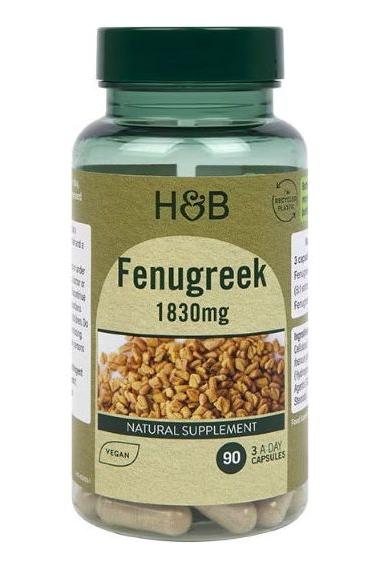 Holland & Barrett Fenugreek 1830mg capsules, 90 count, natural vegan supplement, aromatic herb extract.