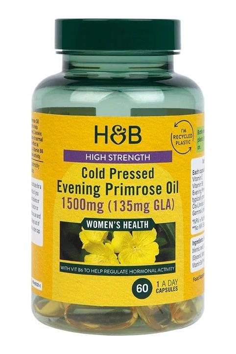 Holland & Barrett High Strength Cold Pressed Evening Primrose Oil 1500mg capsules for women's health and hormonal balance.