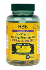 Holland & Barrett High Strength Cold Pressed Evening Primrose Oil 1500mg capsules for women's health and hormonal balance.
