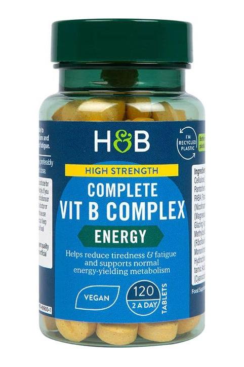 Holland & Barrett High Strength Complete Vit B Complex bottle, 120 vegan tablets for energy metabolism support.