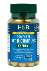 Holland & Barrett High Strength Complete Vit B Complex bottle, 120 vegan tablets for energy metabolism support.