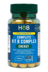 Holland & Barrett High Strength Complete Vit B Complex bottle, 120 vegan tablets for energy metabolism support.