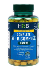 Holland & Barrett High Strength Complete Vit B Complex bottle, 240 tablets, vegan, supports energy metabolism.
