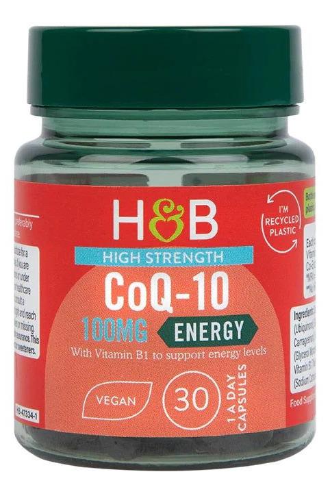 Holland & Barrett High Strength CoQ-10 100mg energy supplement, vegan capsules in recyclable bottle.