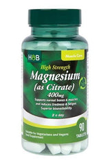 Holland & Barrett High Strength Magnesium 400mg supplement bottle, 90 tablets, supports bones and muscles, suitable for vegans.