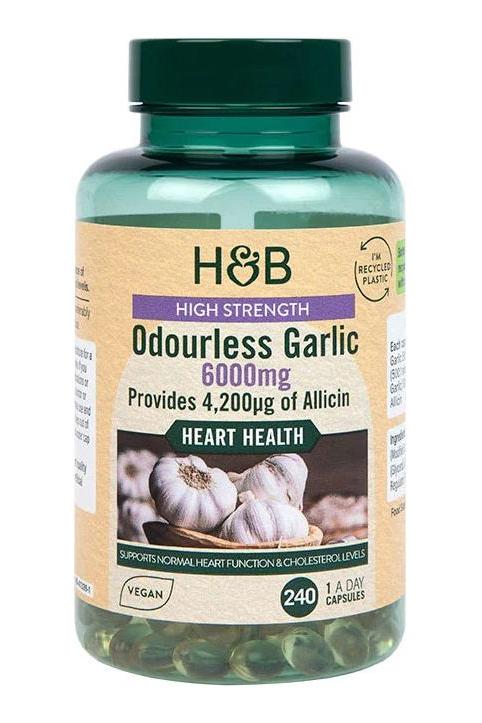 Holland & Barrett High Strength Odourless Garlic supplement bottle, supports heart health with 6000mg of garlic per serving.