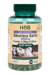 Holland & Barrett High Strength Odourless Garlic supplement bottle, supports heart health with 6000mg of garlic per serving.