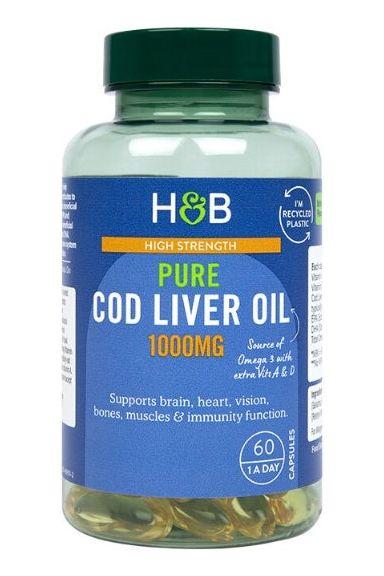 Holland & Barrett High Strength Pure Cod Liver Oil 1000mg, supports heart, brain, and immune health, 60 capsules.