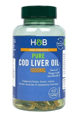 Holland & Barrett High Strength Pure Cod Liver Oil 1000mg, supports heart, brain, and immune health, 60 capsules.