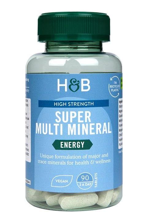 Holland & Barrett High Strength Super Multi Mineral bottle, 90 vegan tablets for energy and wellness.