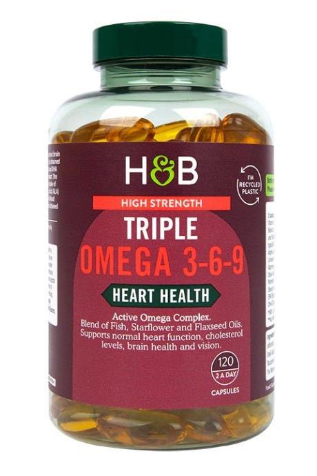 Holland & Barrett High Strength Triple Omega 3-6-9 capsules for heart health, 120 softgels in a clear bottle.