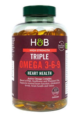 Holland & Barrett High Strength Triple Omega 3-6-9 capsules for heart health, 120 softgels in a clear bottle.