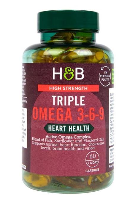 Holland & Barrett High Strength Triple Omega 3-6-9 supplement bottle for heart and brain health, 60 capsules.