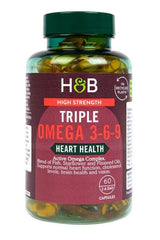 Holland & Barrett High Strength Triple Omega 3-6-9 supplement bottle for heart and brain health, 60 capsules.