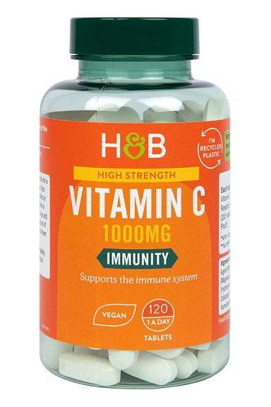 Holland & Barrett High Strength Vitamin C 1000mg, vegan tablet bottle supporting immune health.