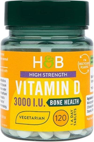 Holland & Barrett High Strength Vitamin D 3000 IU bottle for bone health, 120 vegetarian tablets.