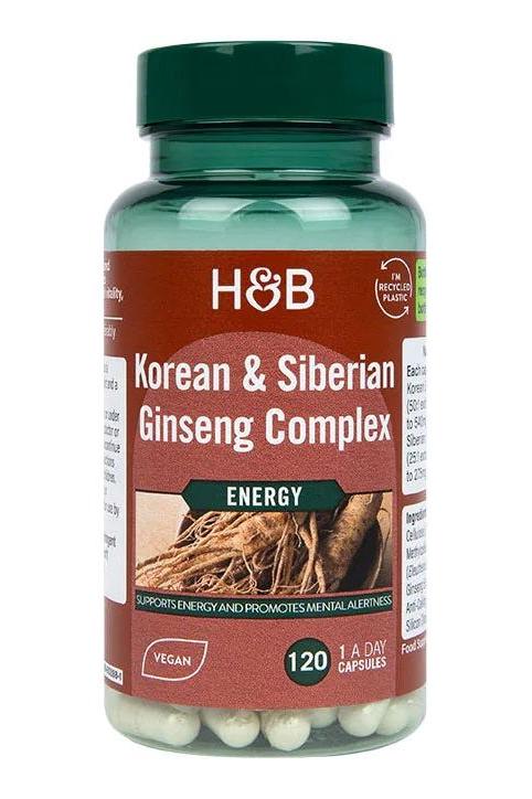 Holland & Barrett Korean & Siberian Ginseng Complex bottle, 120 vegan capsules for energy and mental focus.