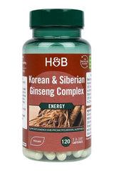 Holland & Barrett Korean & Siberian Ginseng Complex bottle, 120 vegan capsules for energy and mental focus.