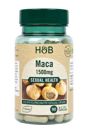 Holland & Barrett Maca 1500mg supplement bottle, 90 vegan capsules for sexual health benefits.