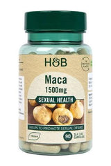Holland & Barrett Maca 1500mg supplement bottle, 90 vegan capsules for sexual health benefits.